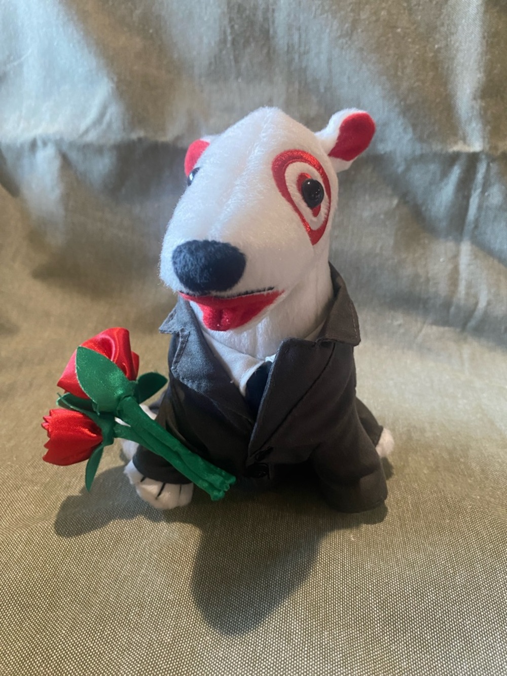 “You look marvelous”Target  Mustache Plush Dog Holding Red Roses